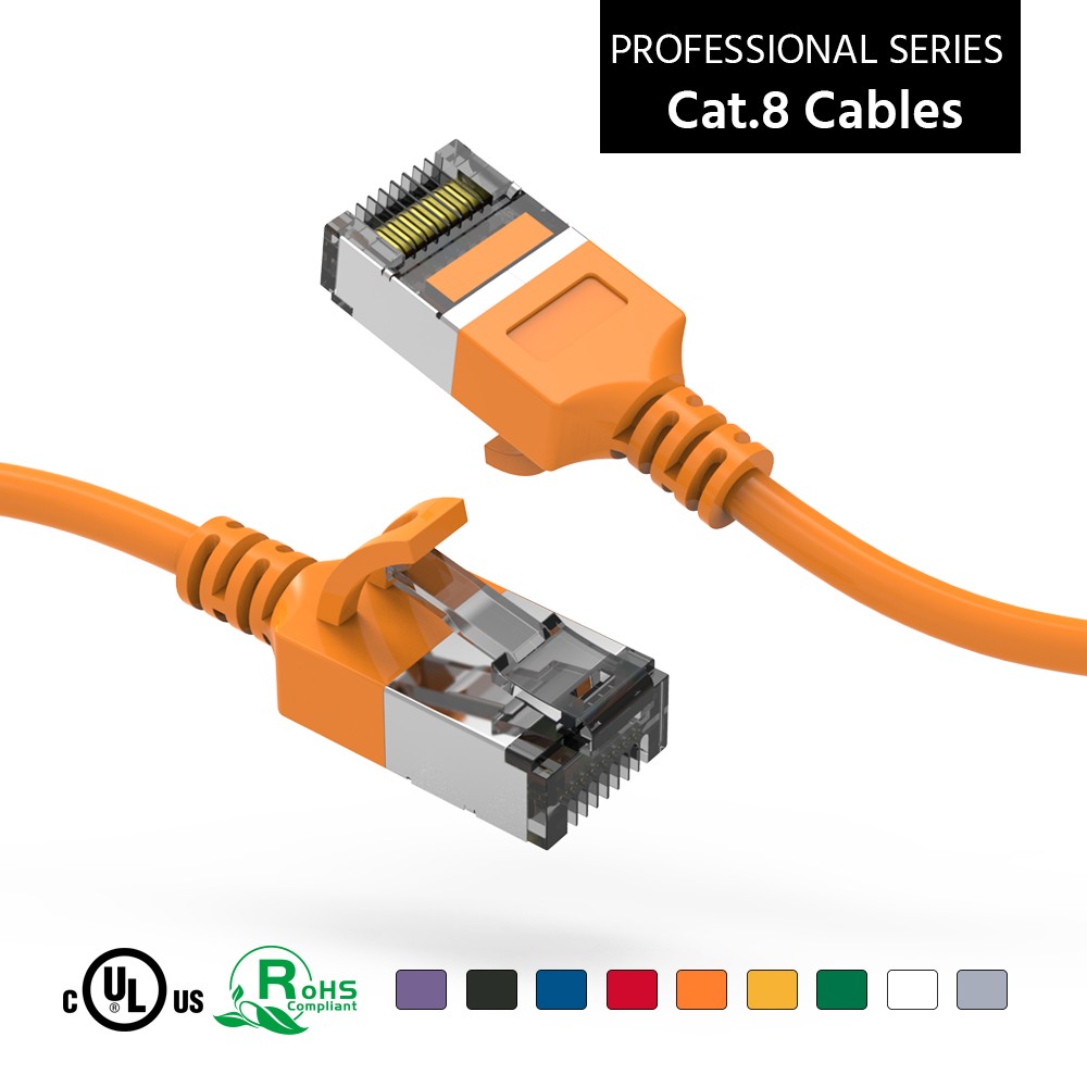 10 Pack of 2Ft CAT8 U/FTP Slim Ethernet Network Cable Orange 30AWG