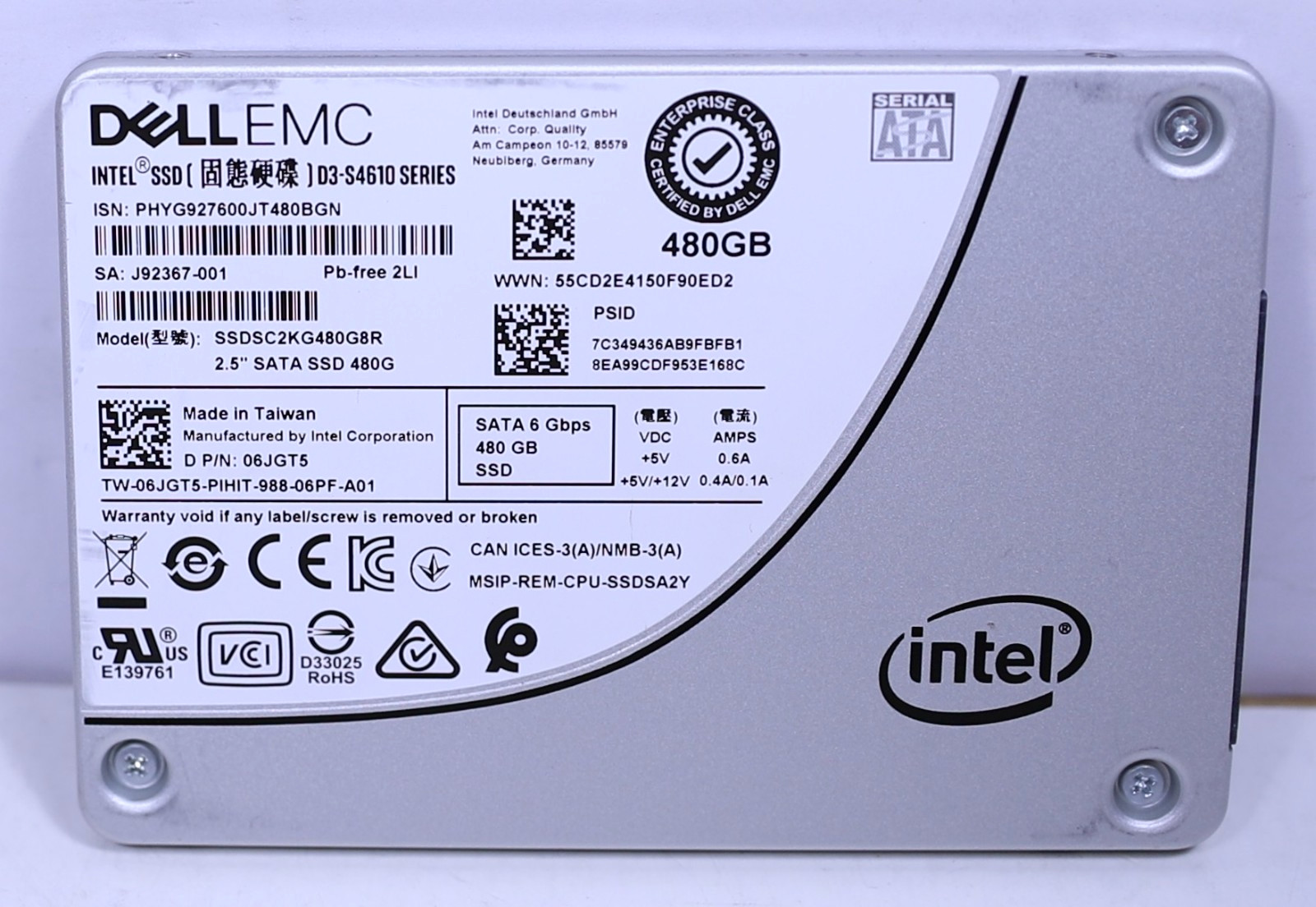 Dell EMC 480GB SSD D3-S4610 2.5" SATA 6Gb/s SSDSC2KG480G8R 6JGT5 Enterprise