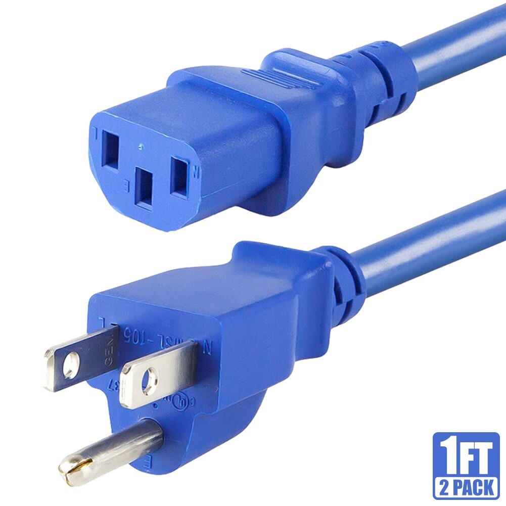 2x 1FT 18AWG Power Cord Cable NEMA 5-15P to IEC 60320 C13 10A PC Monitor Blue