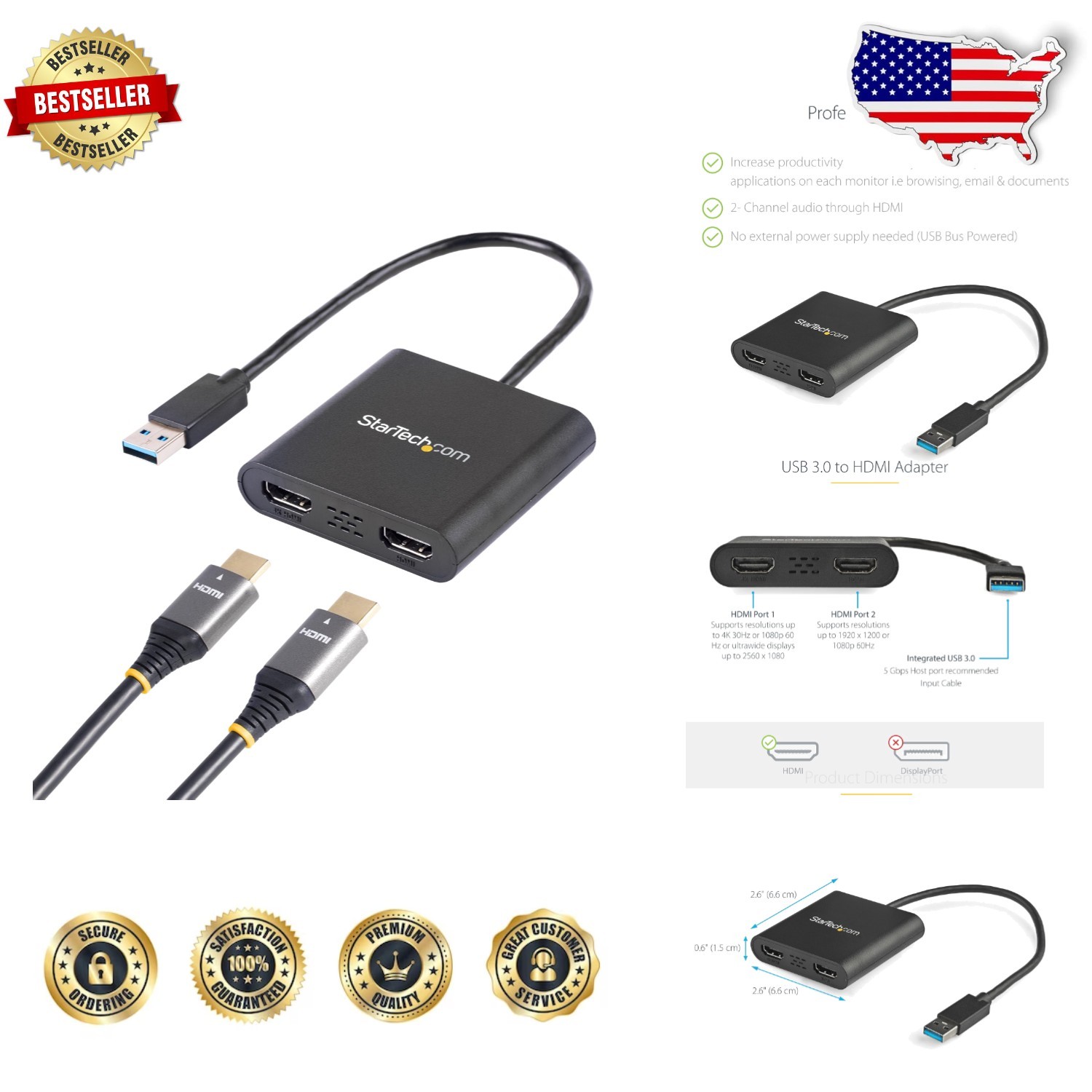 StarTech USB A 3.0 Dual HDMI Adapter 4K 30Hz Windows Productivity