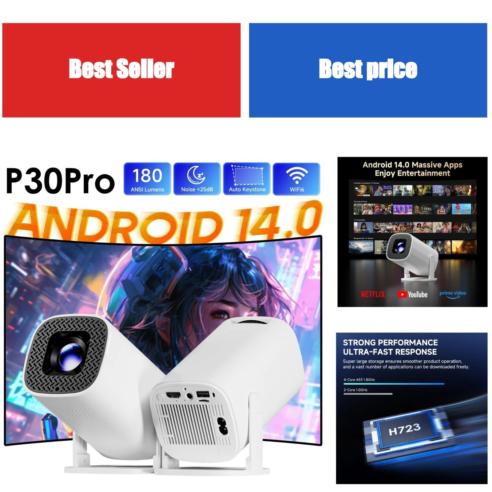 TOPSION P30 Pro Mini Projector Android 14 WiFi 6 720P 4K Support Portable