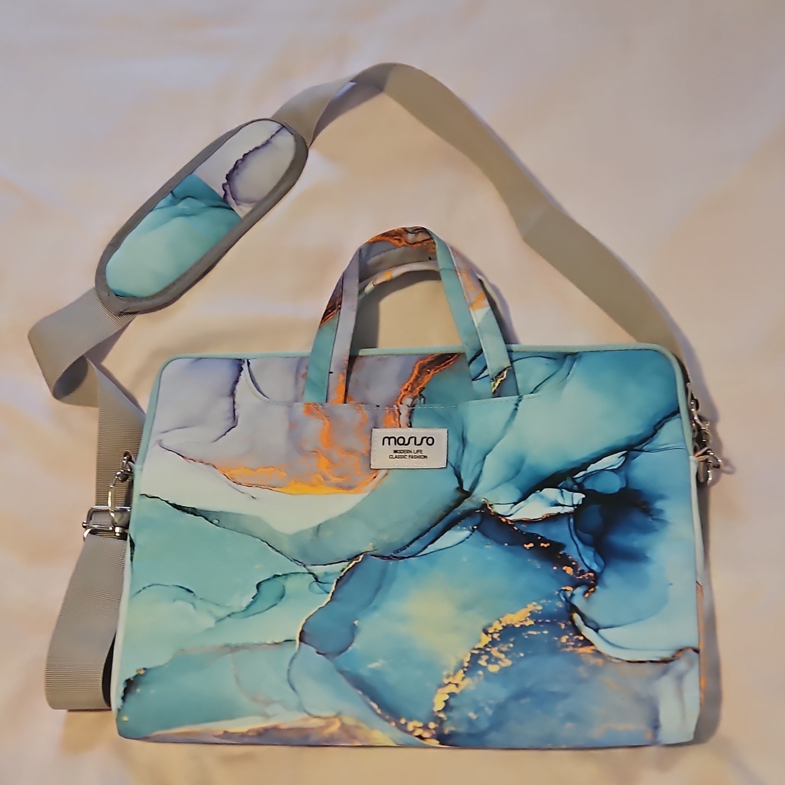 Mosiso 13in Padded Marbled Shoulder/Messenger Laptop Bag, Blue w Strap