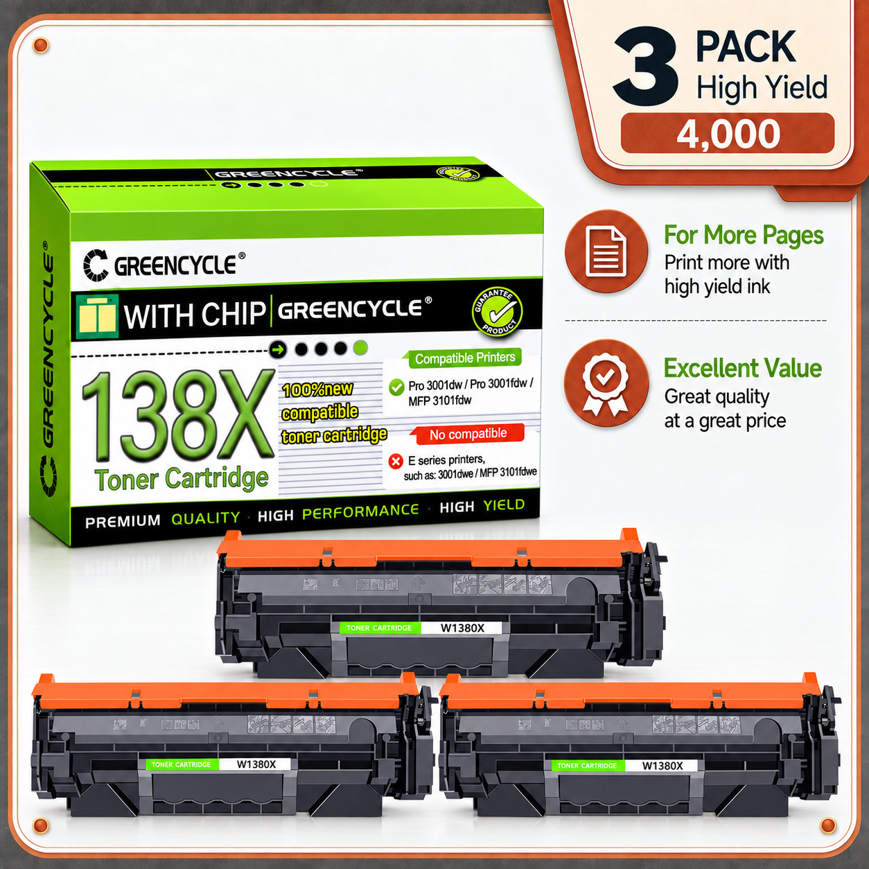 3 Pack 138X W1380X Black Toner with New Chip for HP 3001dw 3001fdw MFP 3101fdw