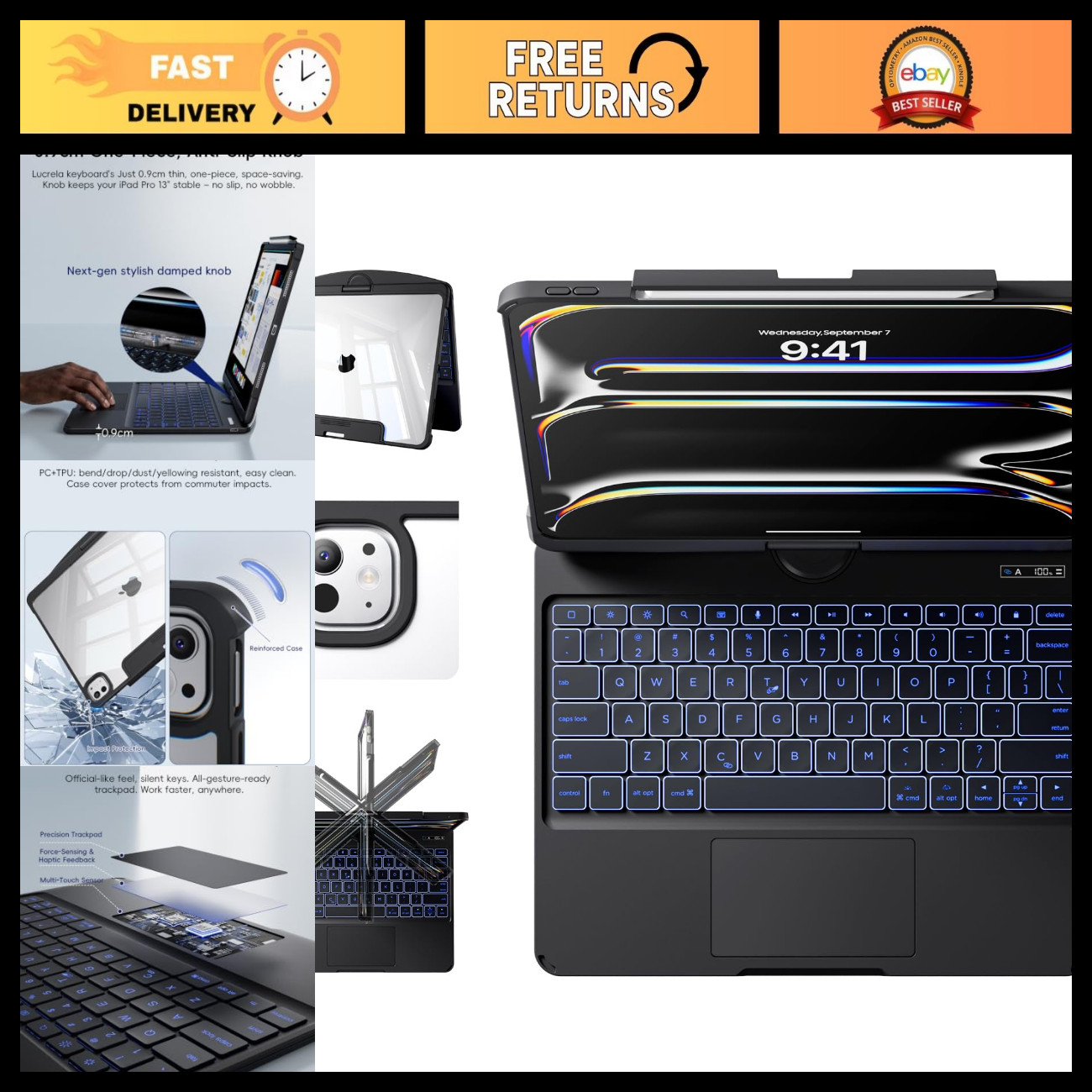 iPad Pro 13" Case with Keyboard, 360° Swivel, Backlit, Trackpad, Pencil Holder