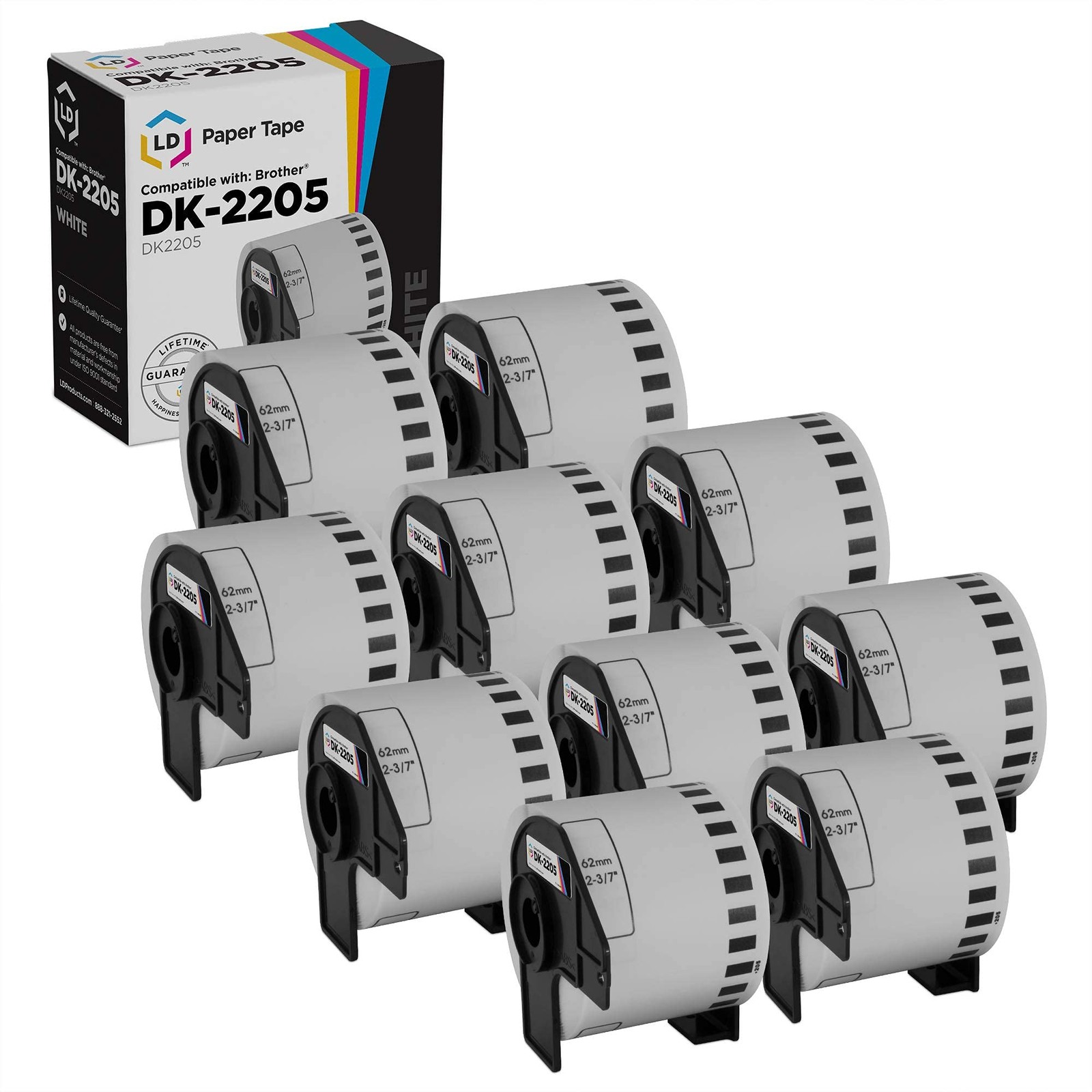 White Paper Tape for Brother DK-2205 (2.4 inch x 100 feet, White, 10-Pk)