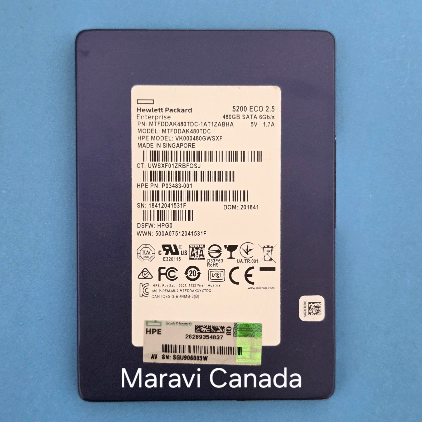 HP HPE Micron 5200 ECO 2.5" 480GB SATA 6Gb/s SSD MTFDDAK480TDC, 100% Health