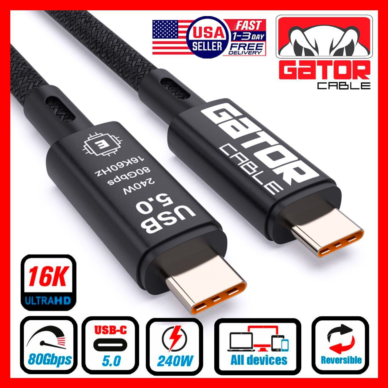 Thunderbolt 5 USB-C 5.0 Cable Charger Data 80Gbps PD 240W 16K Video Display UHD