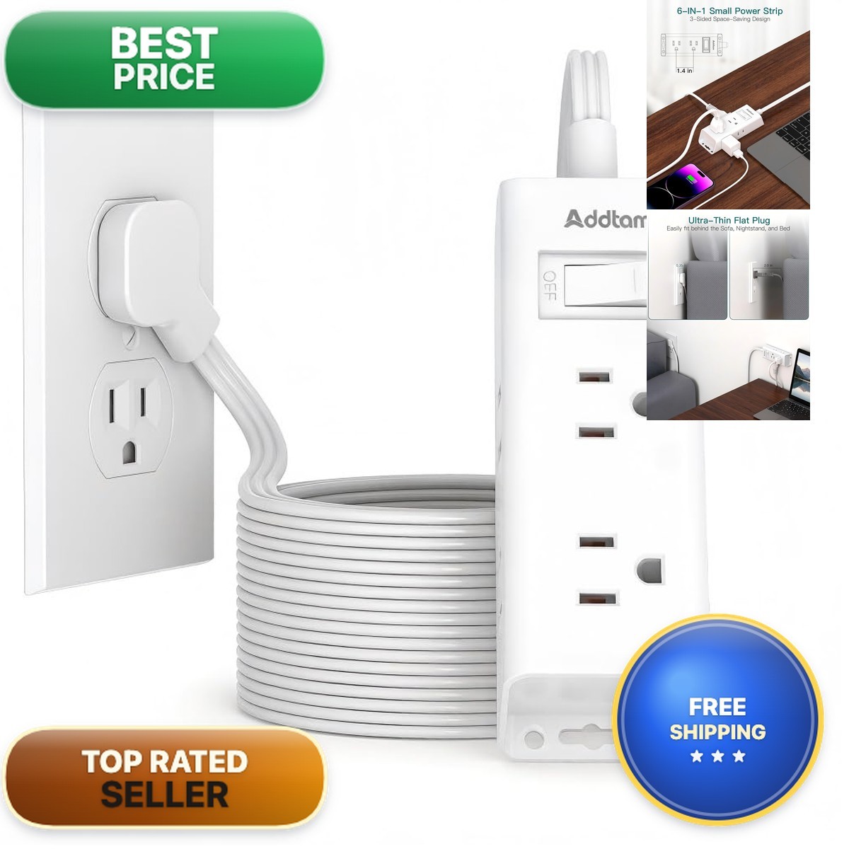 Addtam Flat Plug Power Strip 6 Outlet Extender 25 Ft Extension Cord Flat Wall