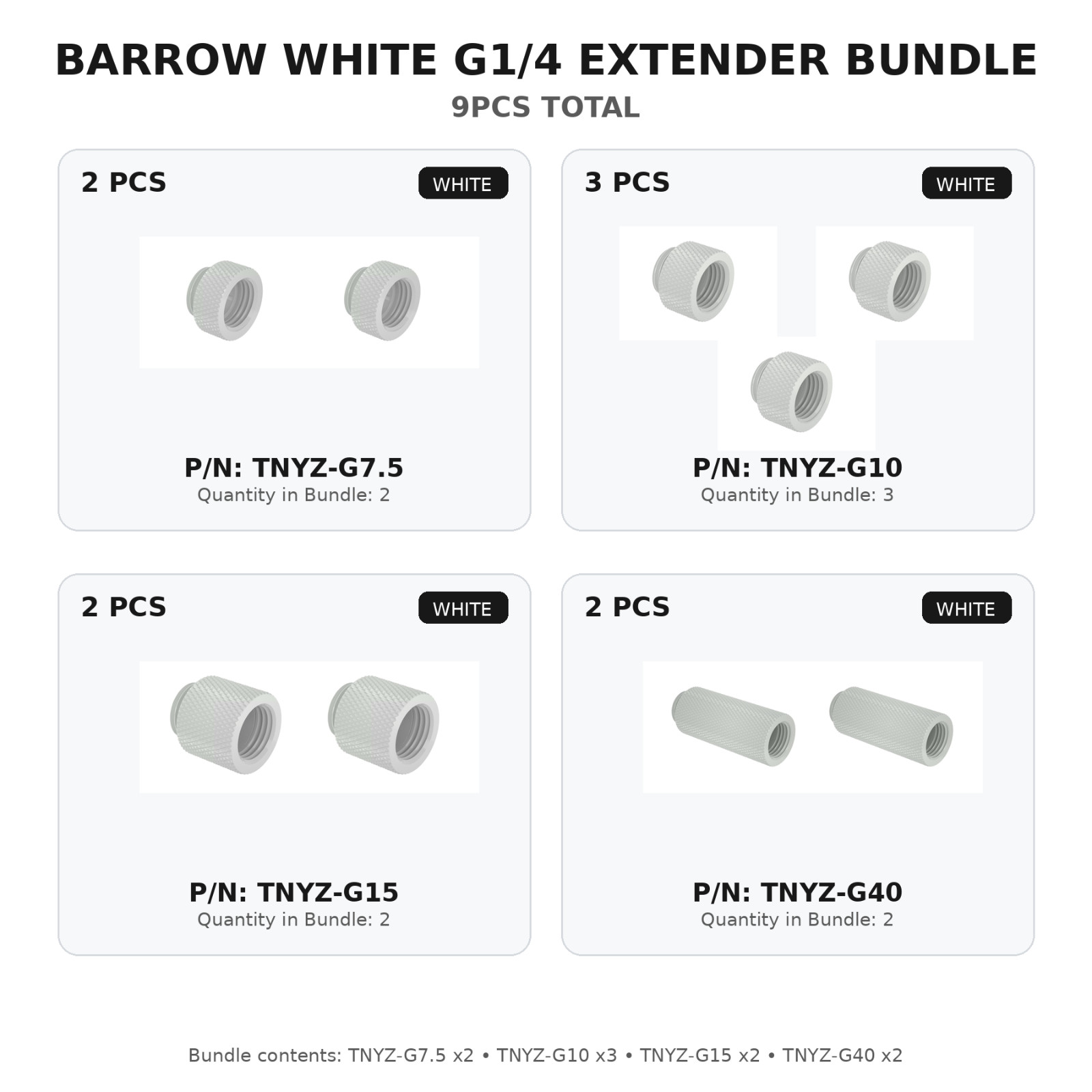 9 PCS Barrow WHITE Watercooling G1/4 Extender Fittings Bundle 7.5/10/15/40MM