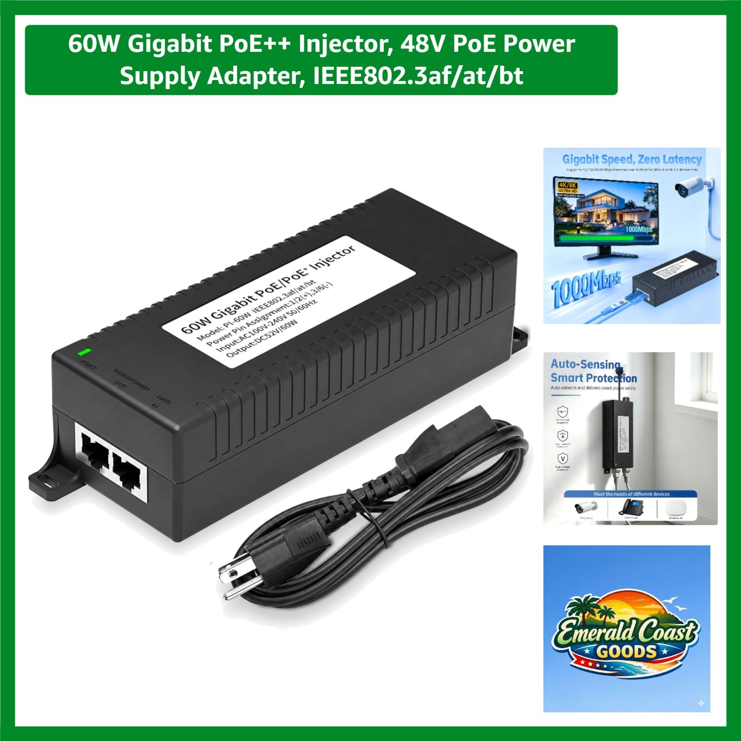 All-in-One 60W PoE Injector - Universal Compatibility with PTZ Cameras & More