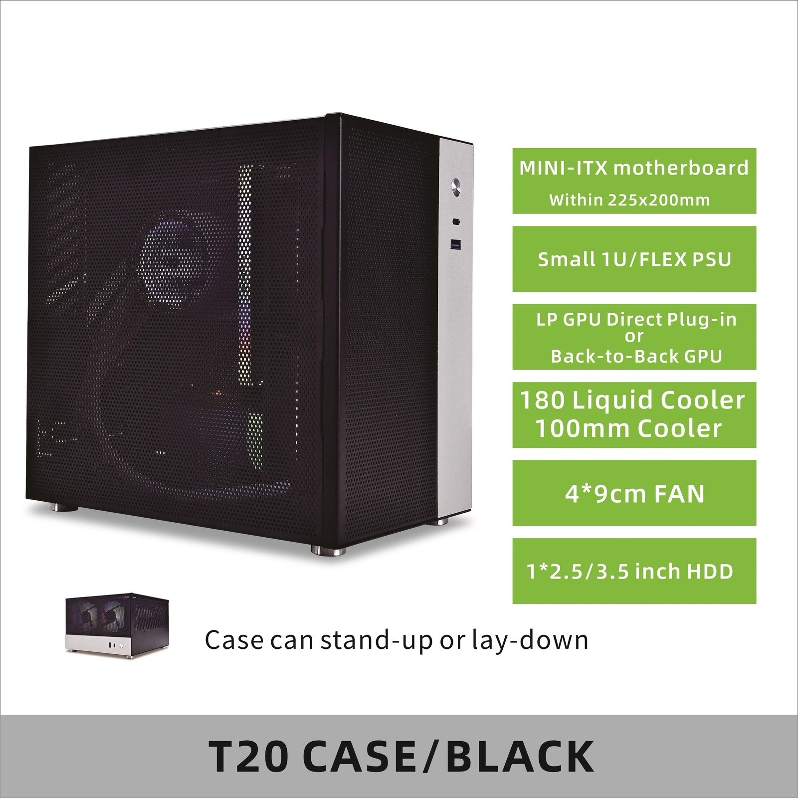 METALFISH T20 Mini ITX Case 9L White Compact PC Chassis 240mm GPU 180 AIO