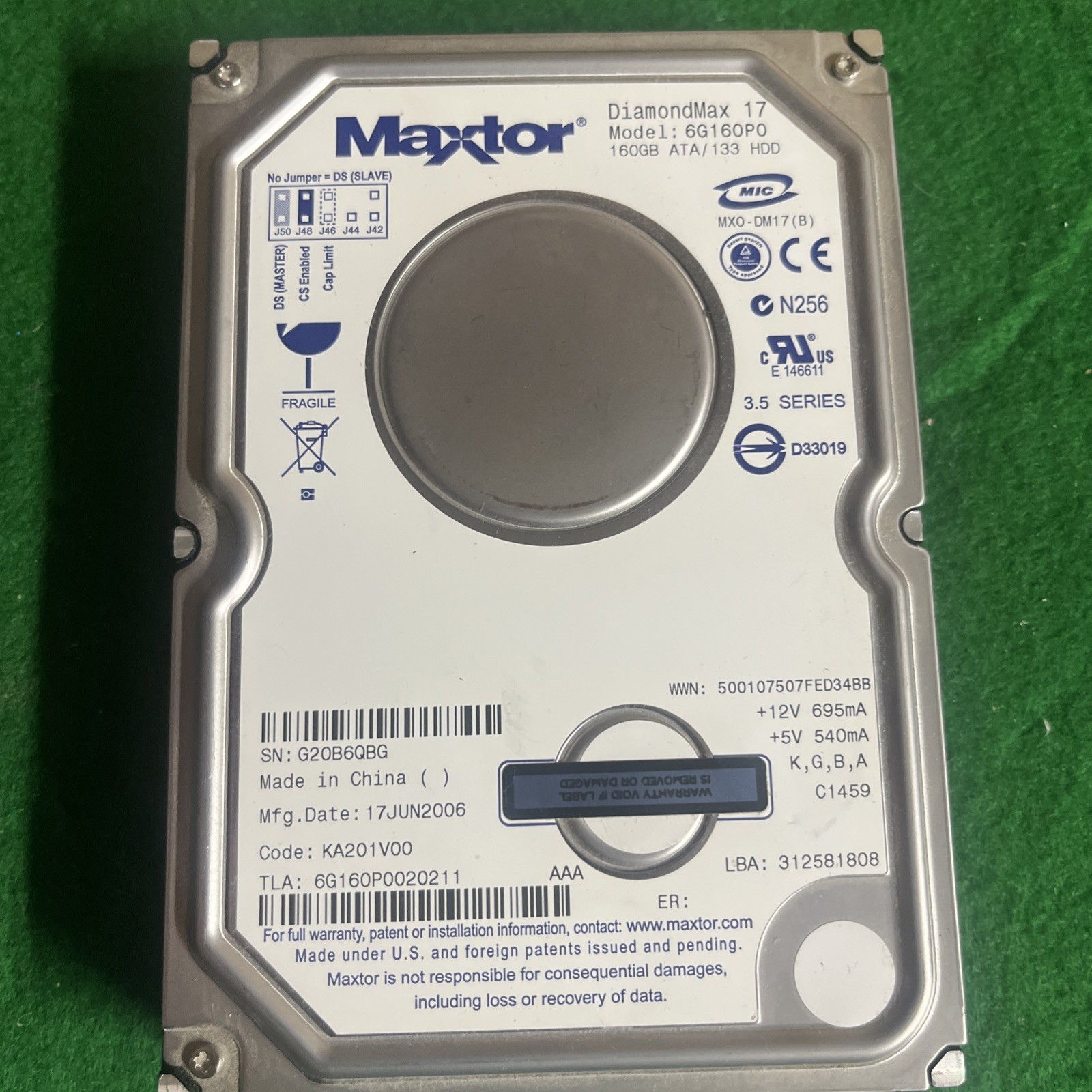 Maxtor DiamondMax 17 6G160P0 160GB ATA/133 Ultra IDE 3.5” Hard Drive 2006 @2G