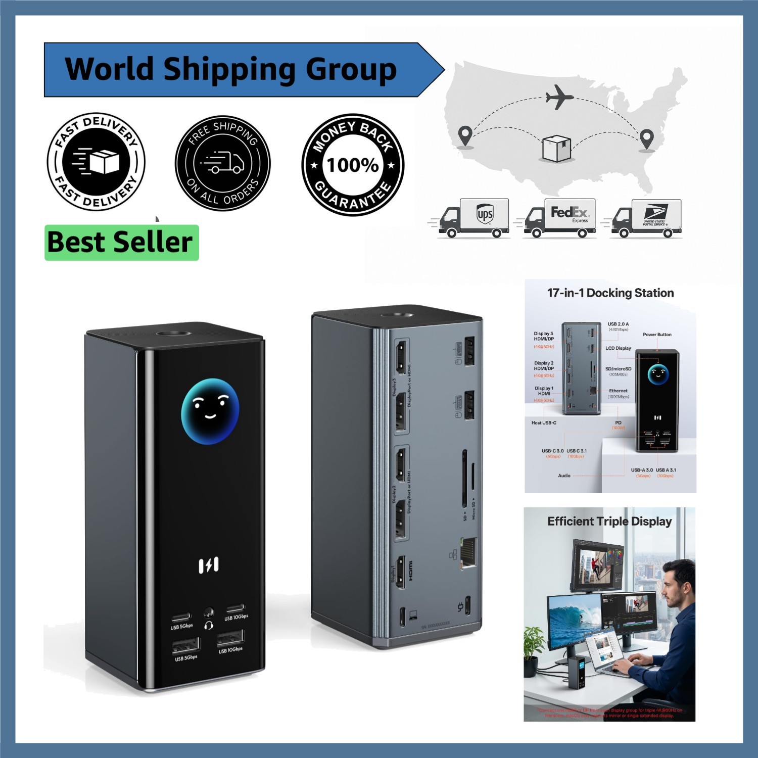 Versatile Selore Docking Station for Triple 4K Displays - Perfect for Pro Users