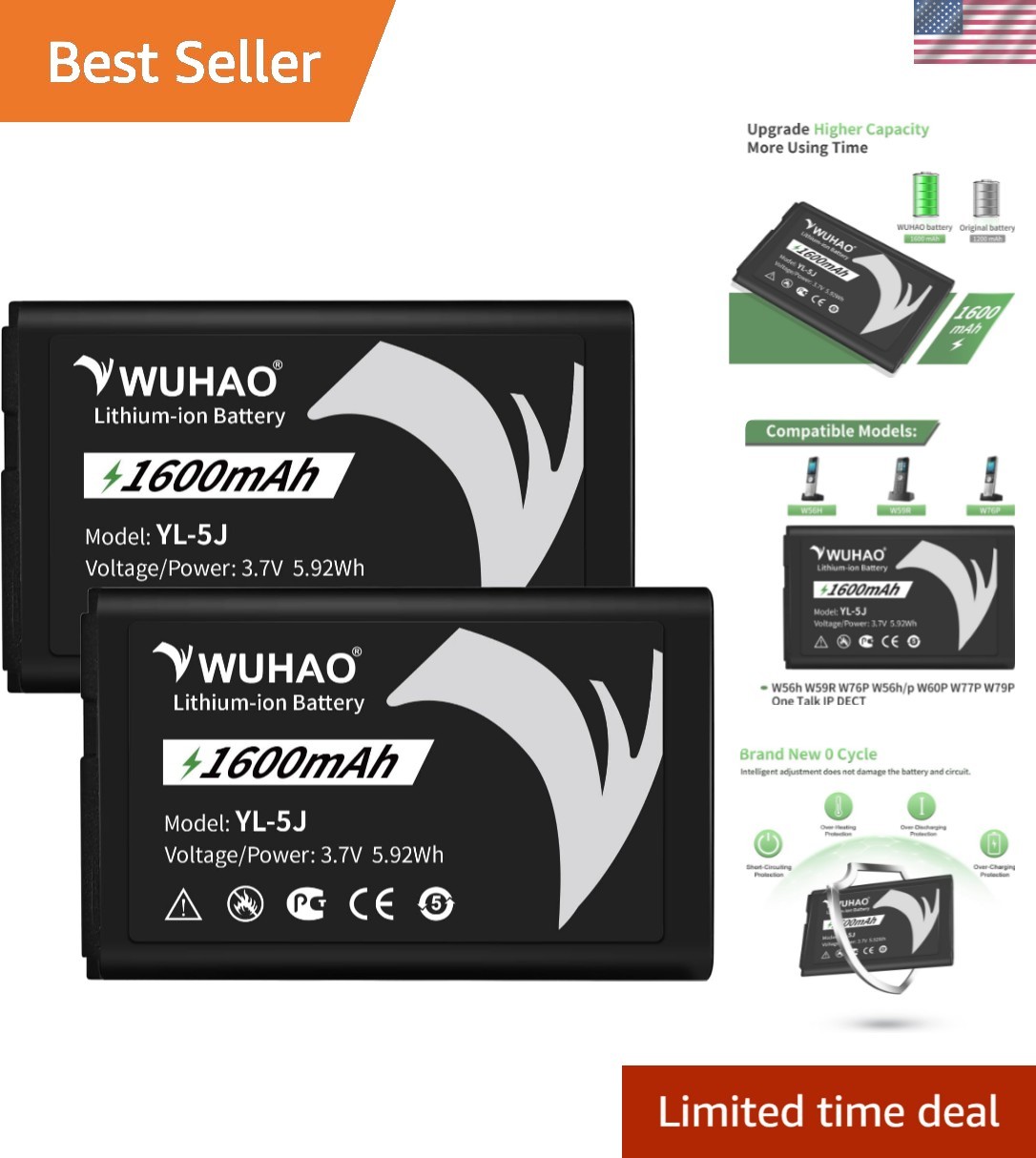 High-Quality 2-Pack Yealink 1500mAh Battery Replacement YL-5J - Fast Delivery