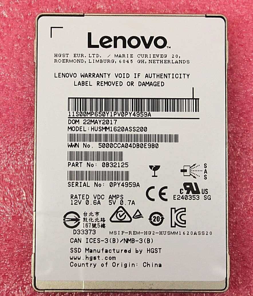 LENOVO 00MP650 HUSMM1620ASS200 200GB 2.5" SAS V7000 G2 FLASH DRIVE 0B32125 NEW 