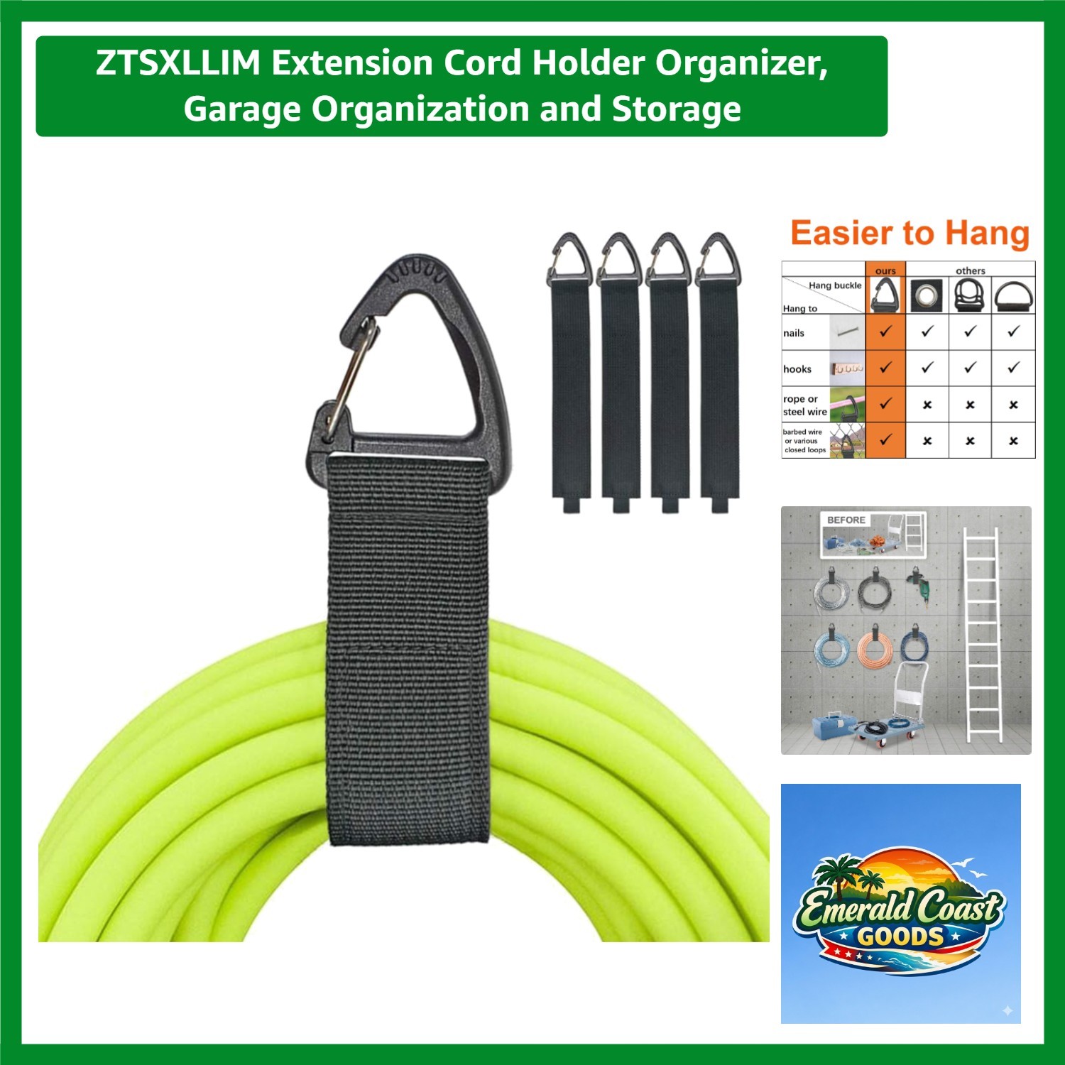 Durable 16-Inch Extension Cord Organizer with Carabiner – Perfect for Garage Use