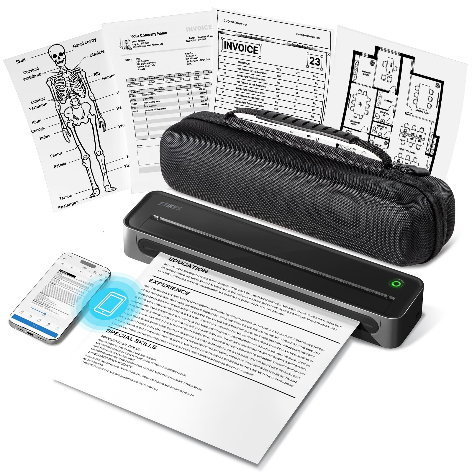 D90E Inkless Portable Thermal Printer with Case – 8.5" x 11", Black