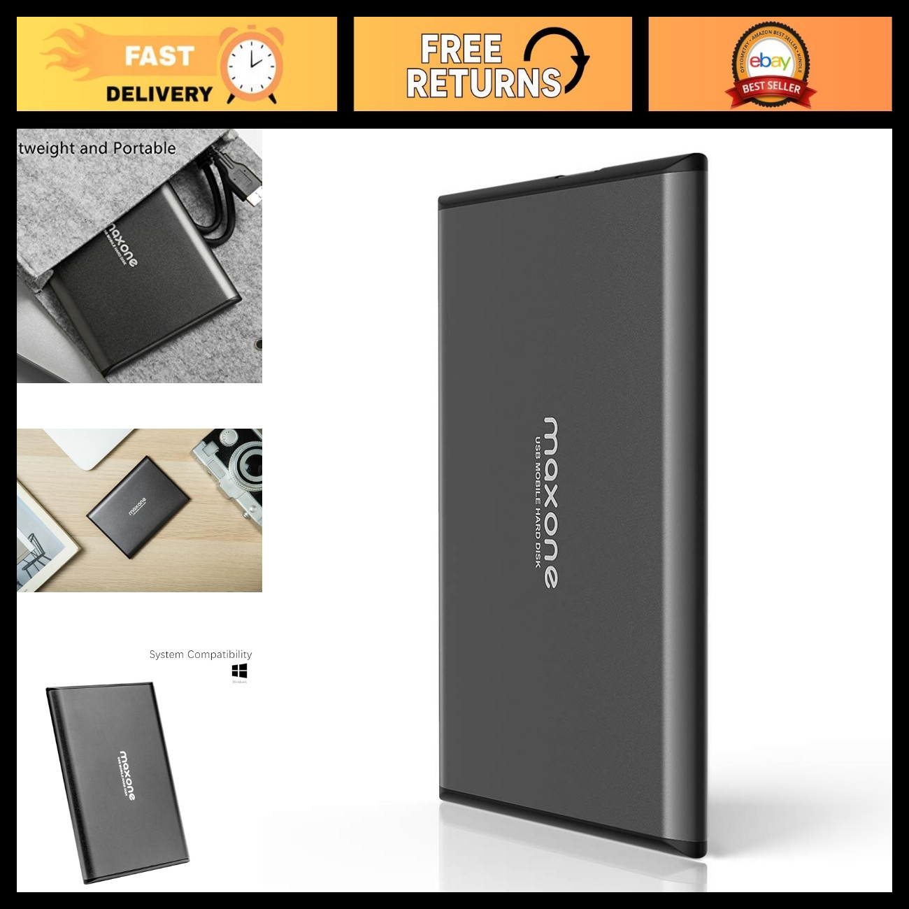 1TB Ultra Slim Portable External Hard Drive USB 3.0, Fast Data Transfer, Compact