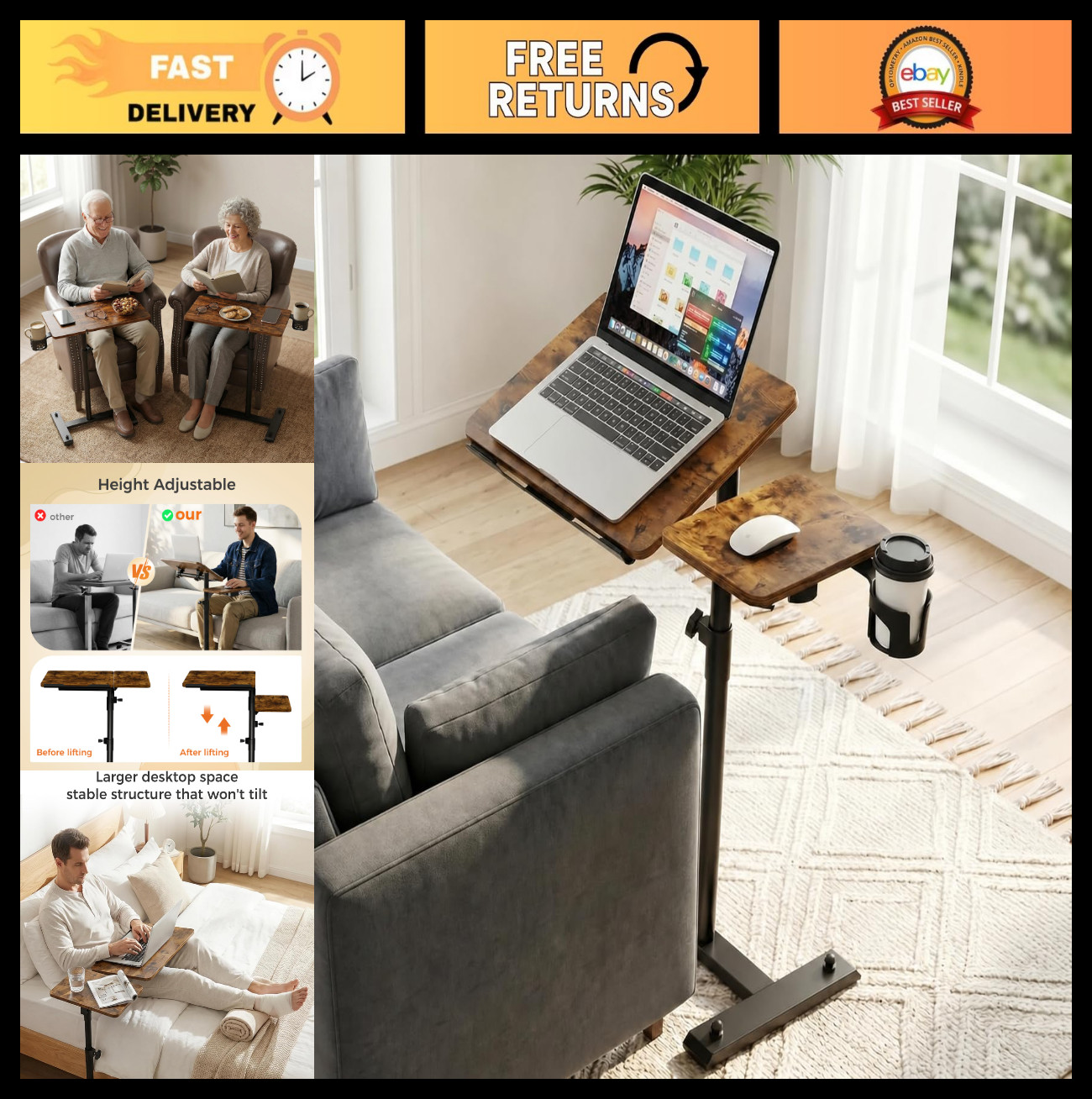 Adjustable Height Rolling Laptop Stand with Wheels - Portable Overbed Table, Mob