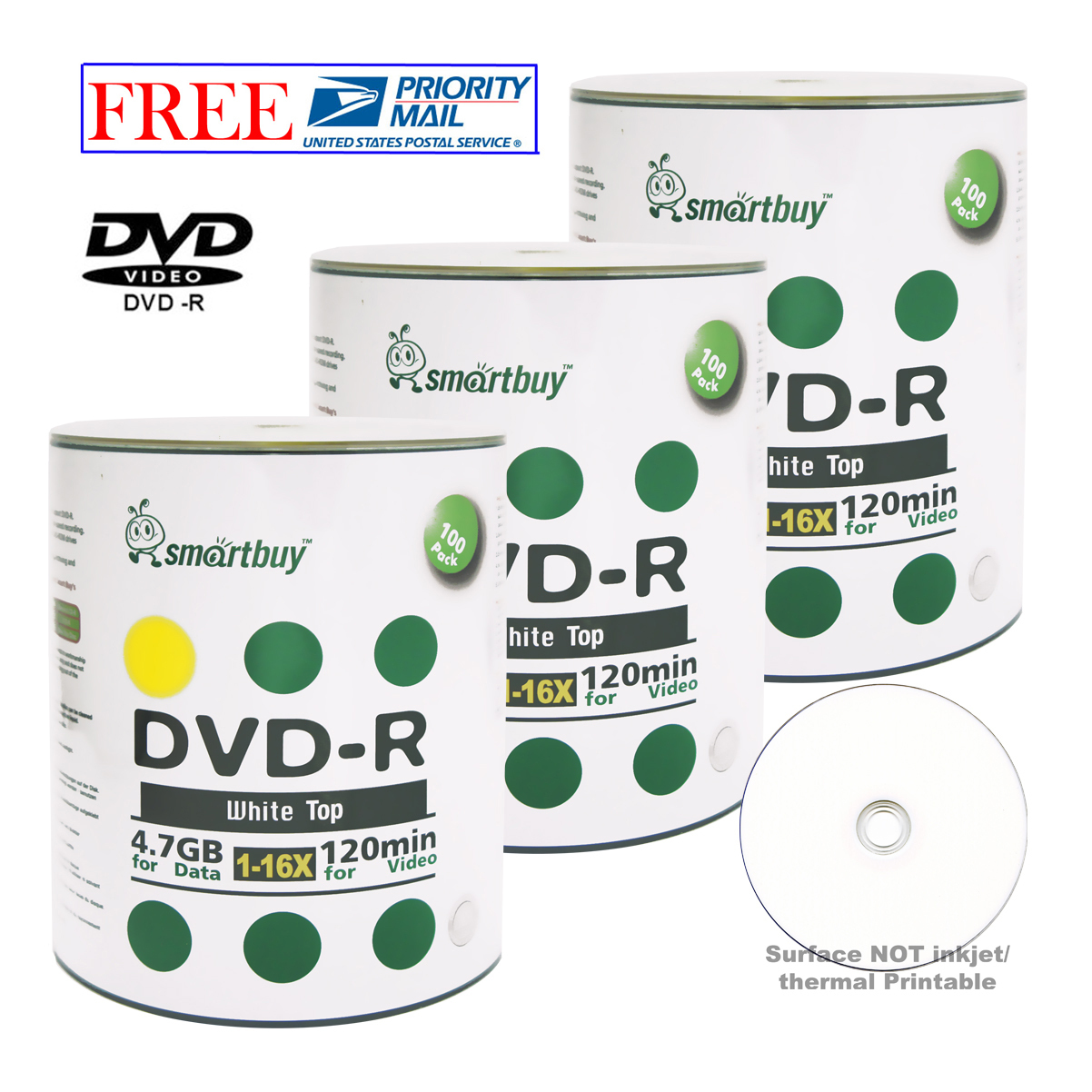 300-Pack Smartbuy White Top Surface Blank DVD-R DVDR 16X 4.7GB Recordable Disc
