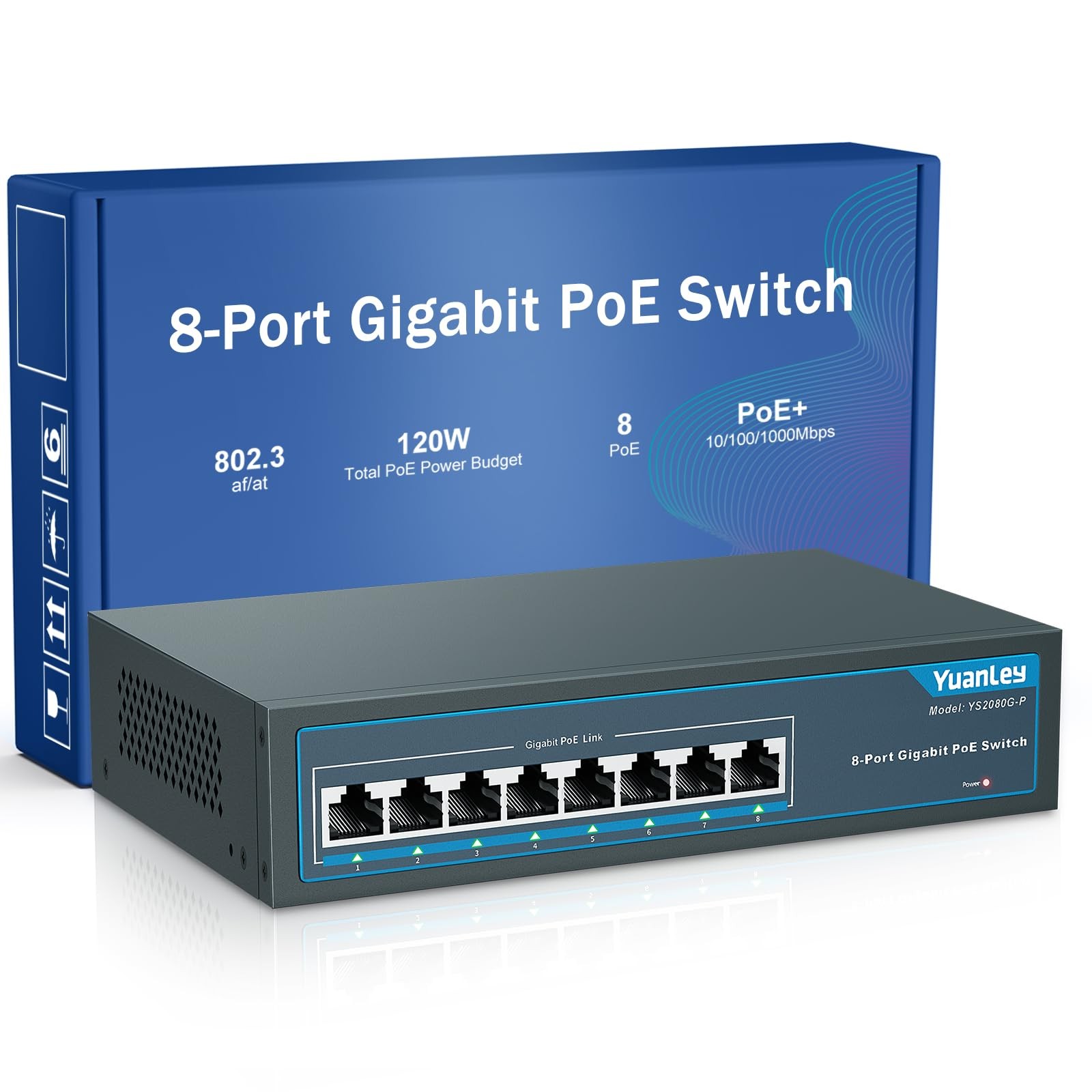 YuanLey 8 Port Gigabit PoE Switch, 8 PoE+ Ports 1000Mbps, 120W 802.3af/at, Me...