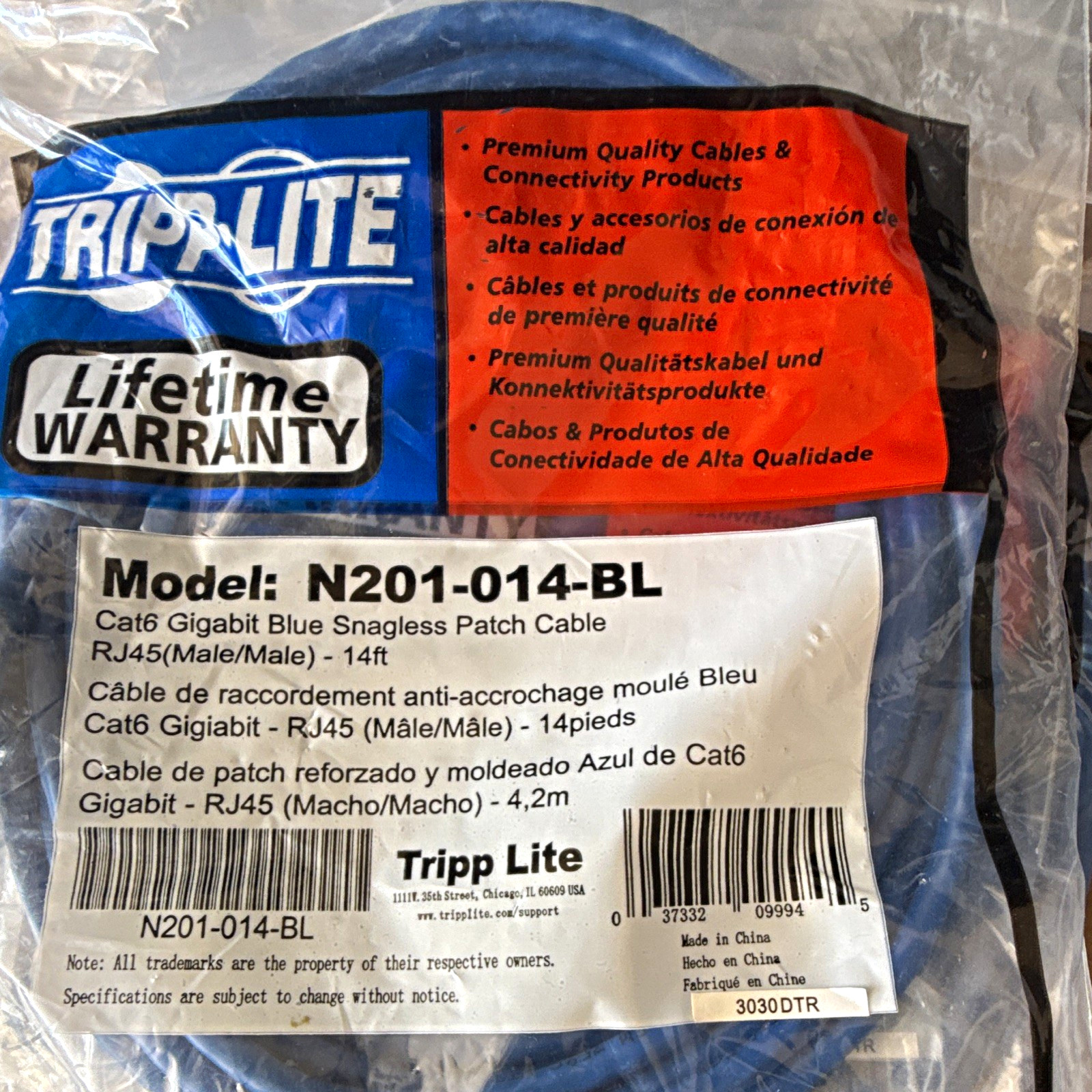 Tripp Lite N201-014-BL Cat6 RJ-45 Ethernet Patch Cable 14 ft Blue Snagless