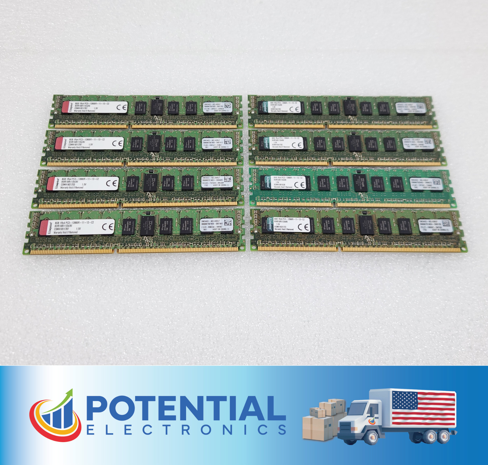 LOT OF 8 Kingston KVR16R11S4/8I 64GB (8x8GB) 1Rx4 PC3-12800R DDR3 Server Memory