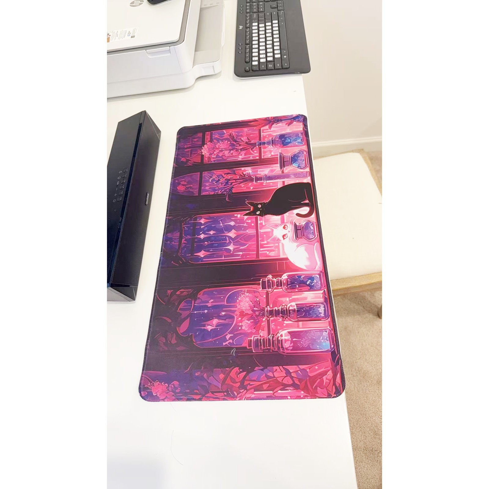 Magical Floral Room Black & White Cat Large Gaming Mouse Pad 23.6"x11.5"
