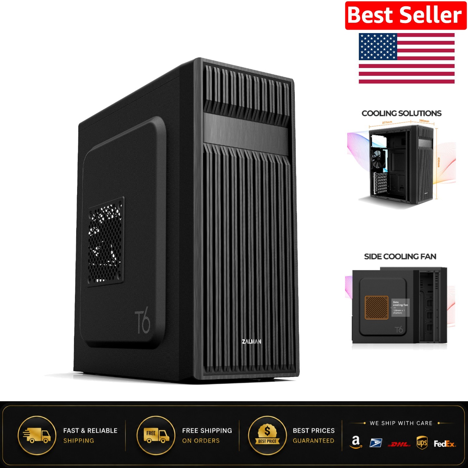 Durable Black ATX Mid Tower with Built-In Cooling Fan & Dust Filter - T6 Model
