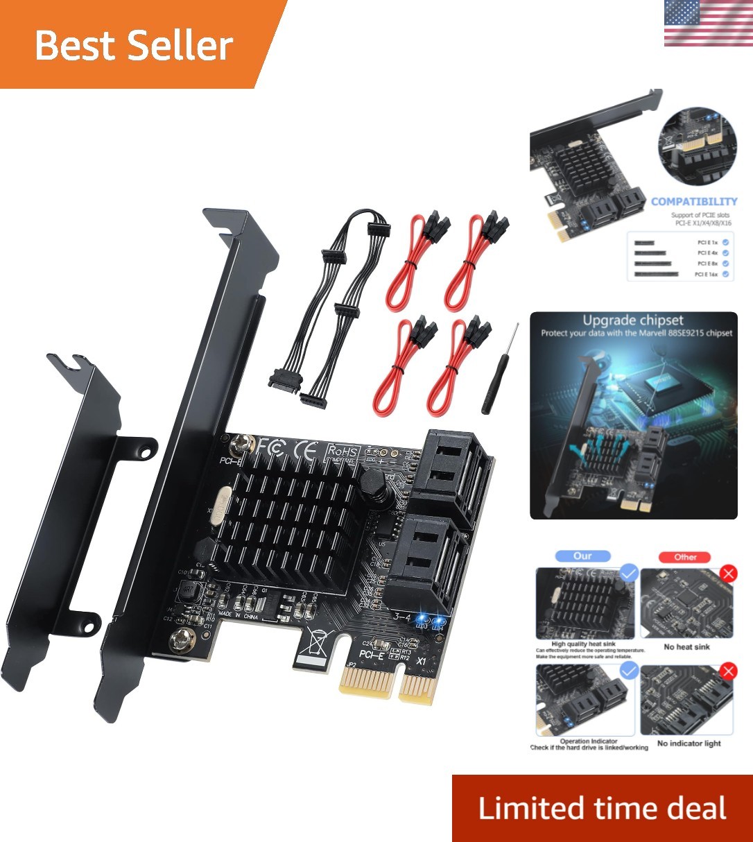 PCI-E X1 to SATA 3.0 Controller Card, 4-Port SATA III 6Gbps Expansion Cards, ...