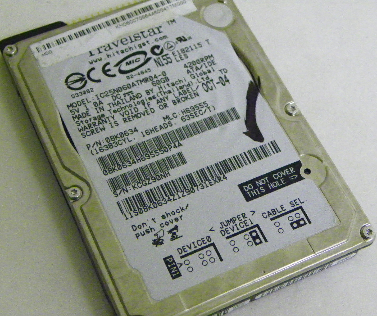 60GB Hitachi IC25N060ATMR04-0 Laptop IDE Hard Drive P/N 08K0634 MLC: H69555