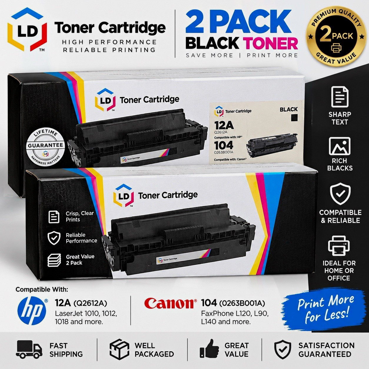 LD Compatible 2 Pack Black Laser Toner 12A/104 Q2612A for HP/Canon 1010