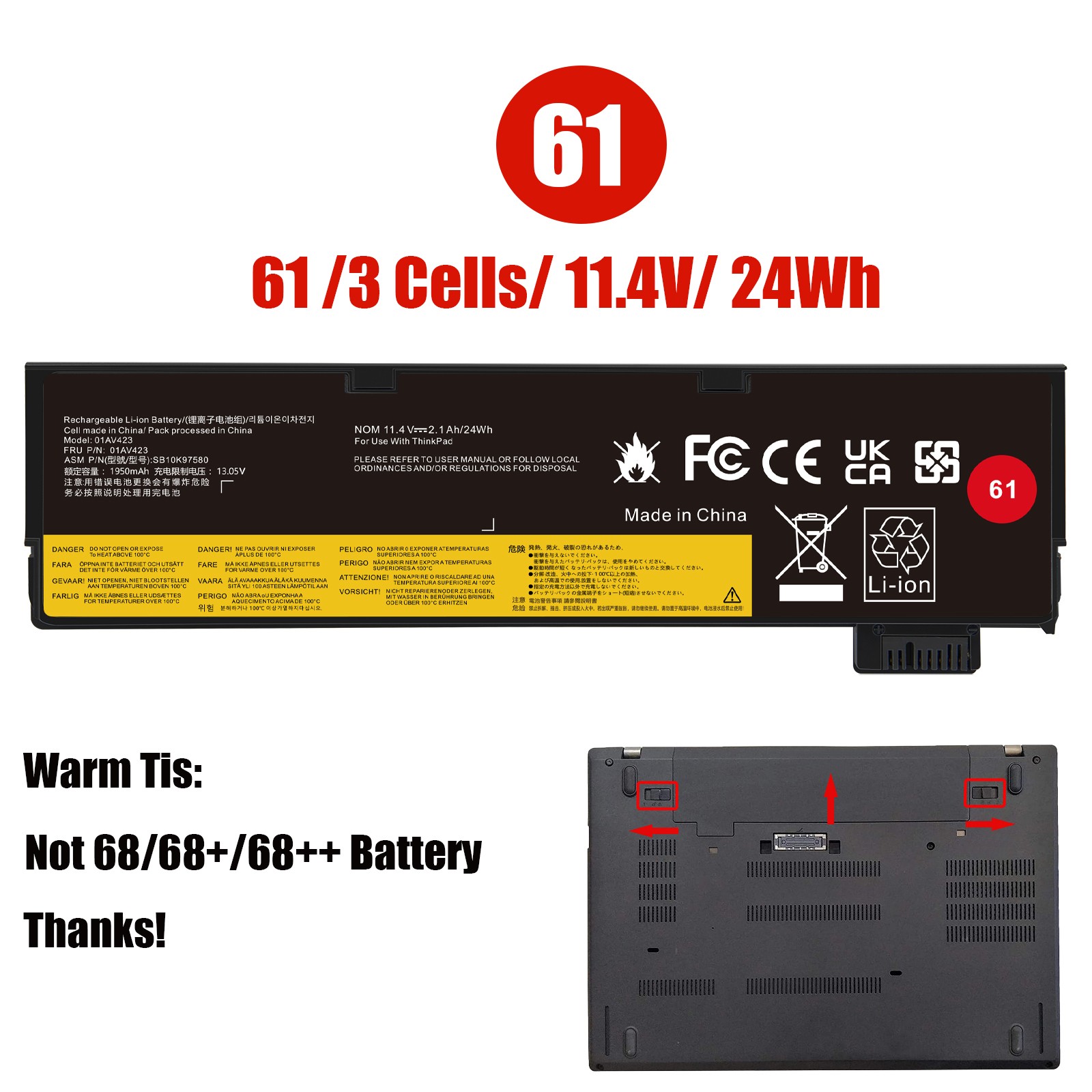 01AV423 Battery NEW for Lenovo ThinkPad T470 T480 T570 T580 01AV424 01AV452 24WH