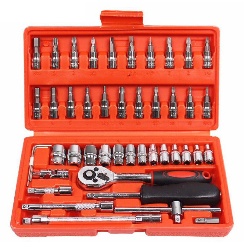 46Pcs Car Reparing Tool Kit Set Metric & Screwdriver Ratchet Wrench Socket Set