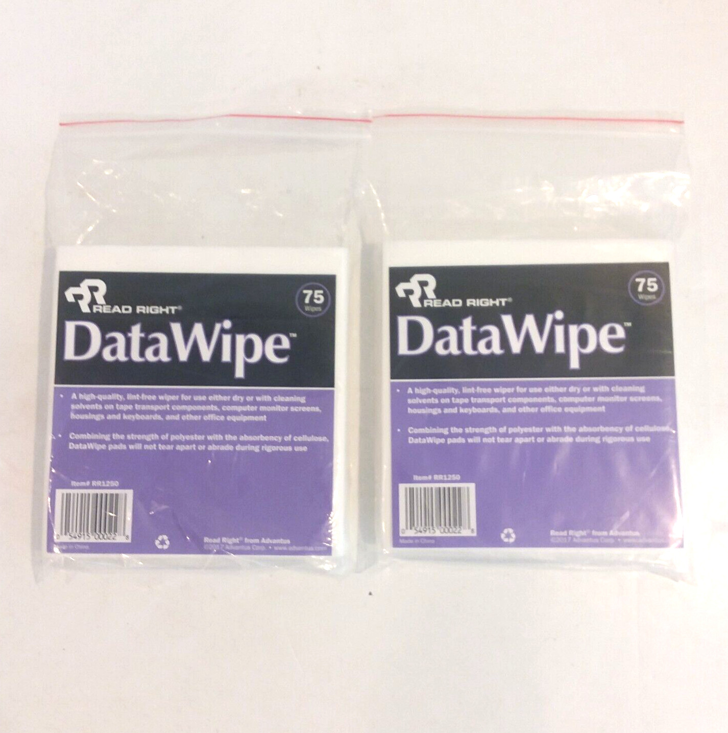 Lot of 2 Read Right DataWipe Lint-Free Wipers White 75/pack RR1250 NEW