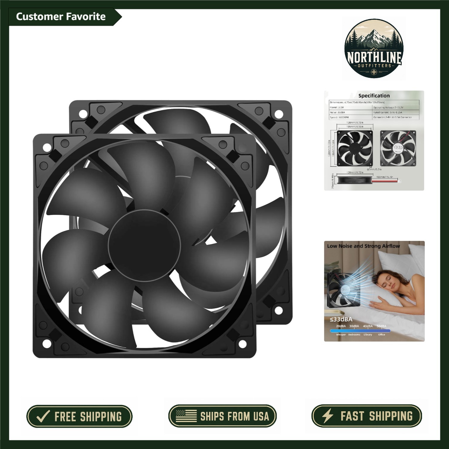 Compact 12V 120x120mm DC Fans - Efficient 1600RPM Cooling, 2-Pack Included