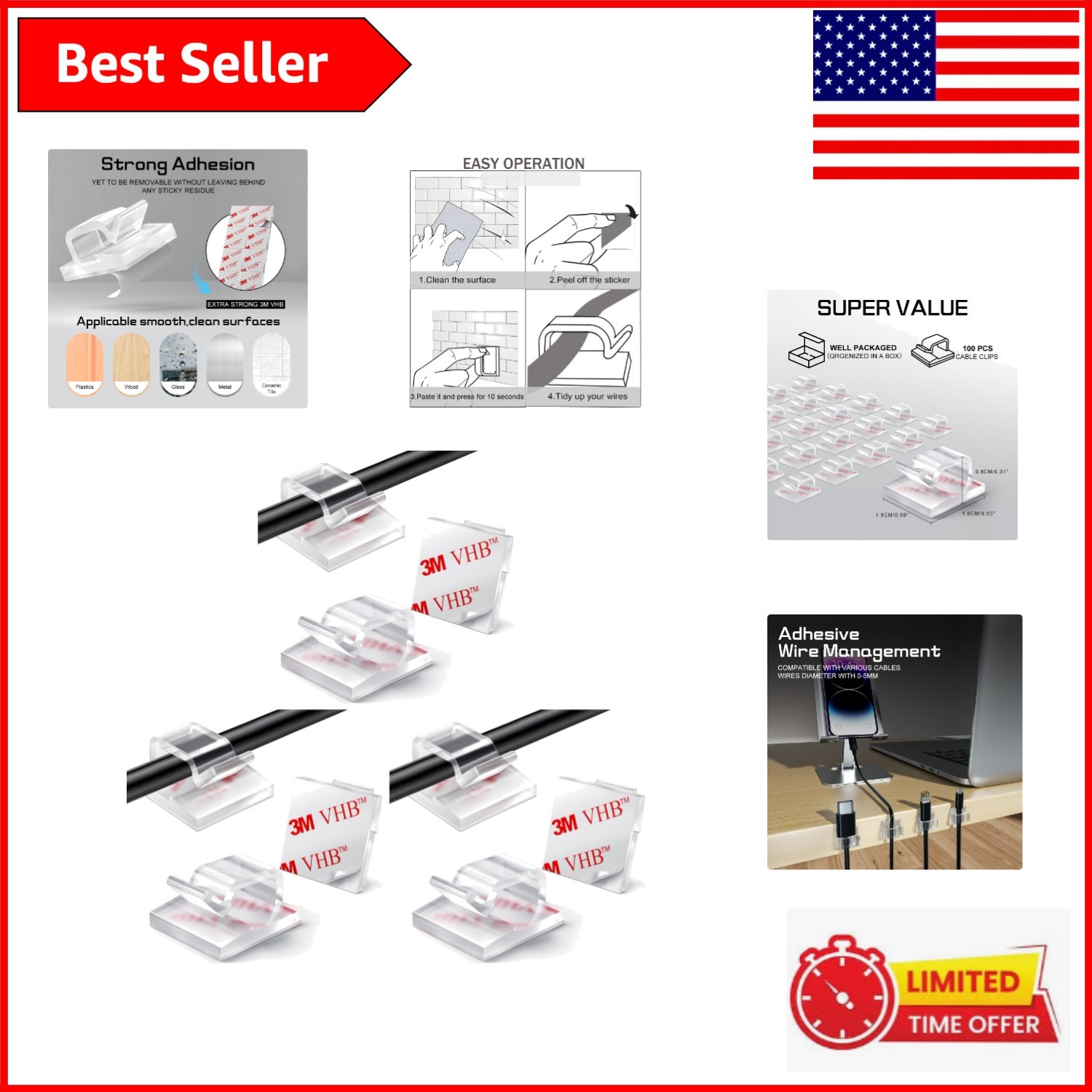 Versatile 100PCS Clear Cable Clips - Durable Wire Holders for All Surfaces