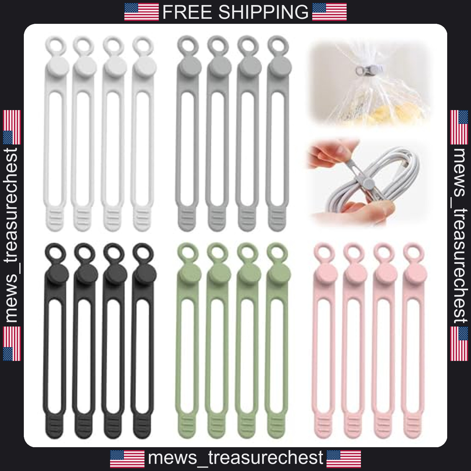 Silicone Cable Ties 20 Pack Adjustable Reusable Cord Organizers for Home Office