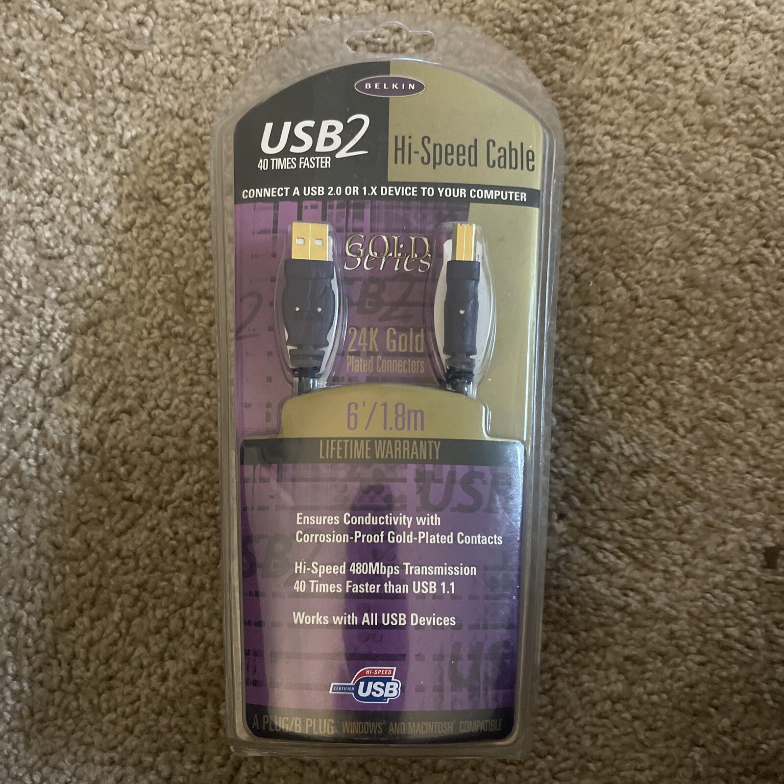 Belkin USB 2 Gold Series A Plug/B Plug 6’ Device Cable new