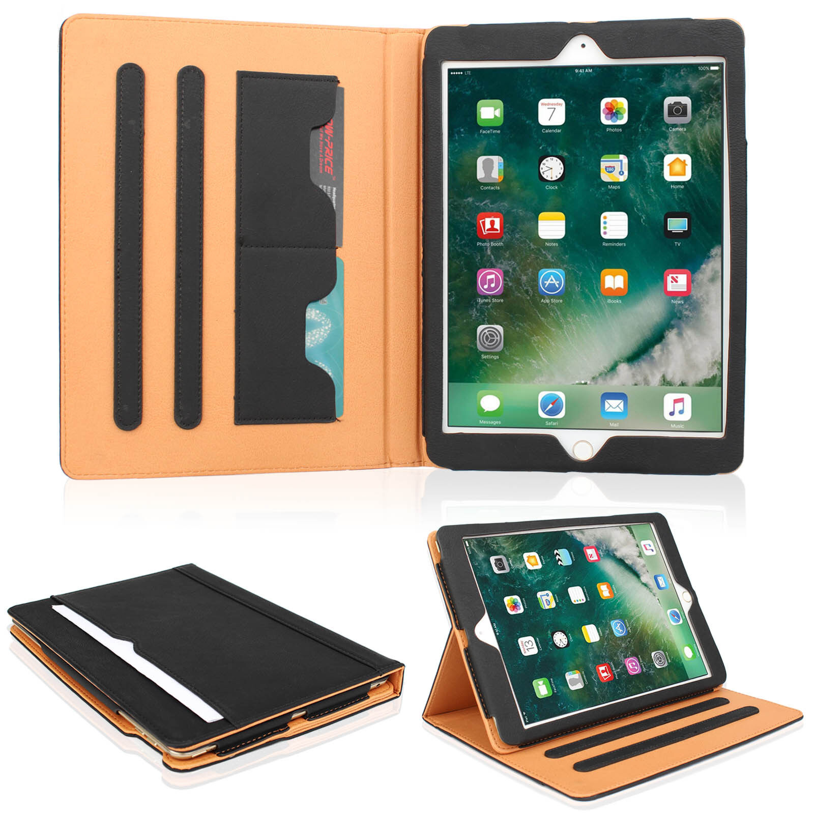 for iPad Rotating Multi-Angle Viewing Folio Stand Cases with Card Pocket - Black