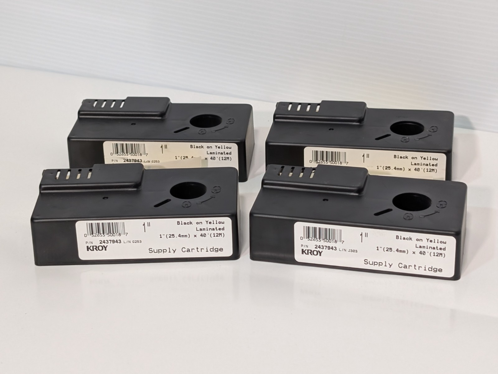 Lot of 4: Kroy 2437943 Black on Yellow Laminated Supply Label Cartridges, 1"x40'