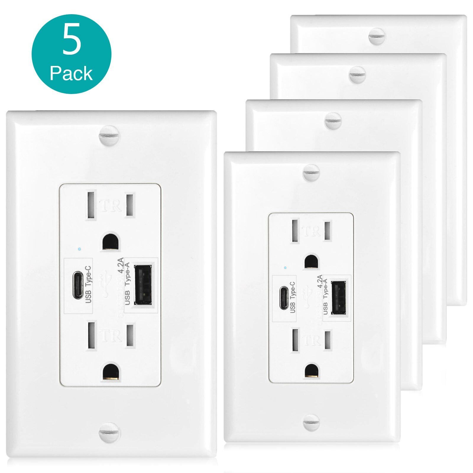4.2A Dual USB Type-C Socket Charger Tamper Resistant Wall Receptacle Outlet 5PCS