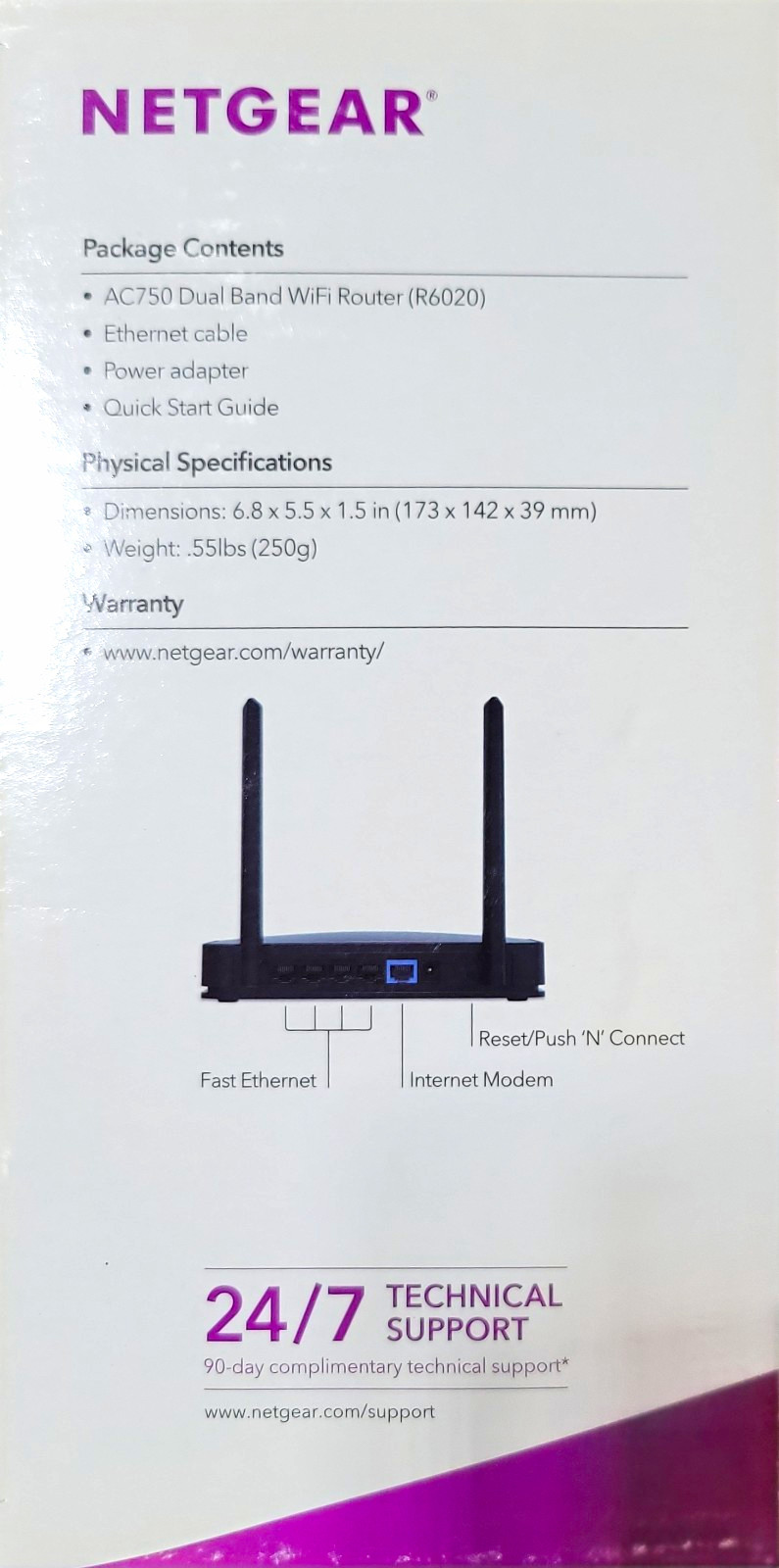 NETGEAR R6020 AC750 Dual-Band WiFi Router 750 Mbps, 4 LAN, IPv6, Black