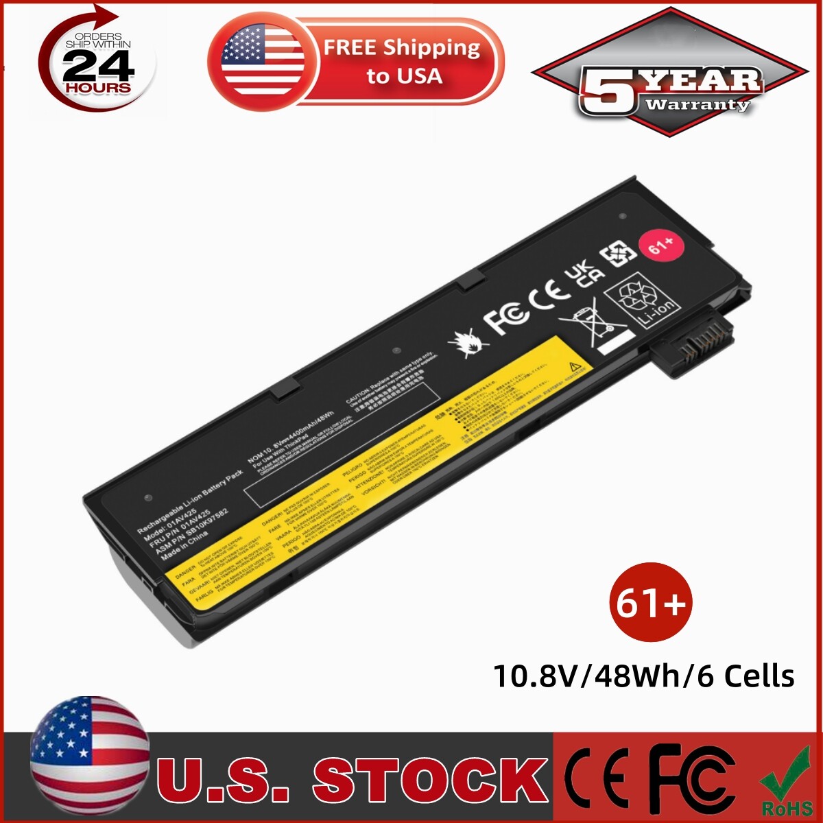 ✅LOT 10X 01AV425 Battery For Lenovo ThinkPad T470 T480 T570 T580 01AV424 61+ 