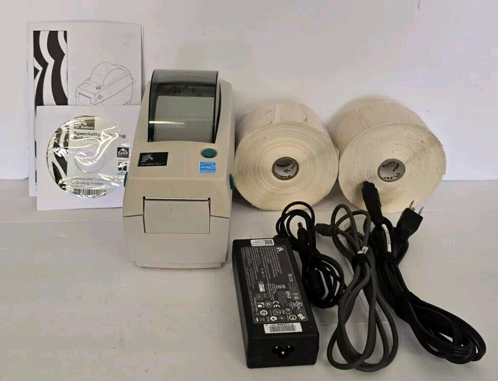 Zebra LP2824 Thermal Barcode Label Printer + Adapter USB Cable Labels Manual