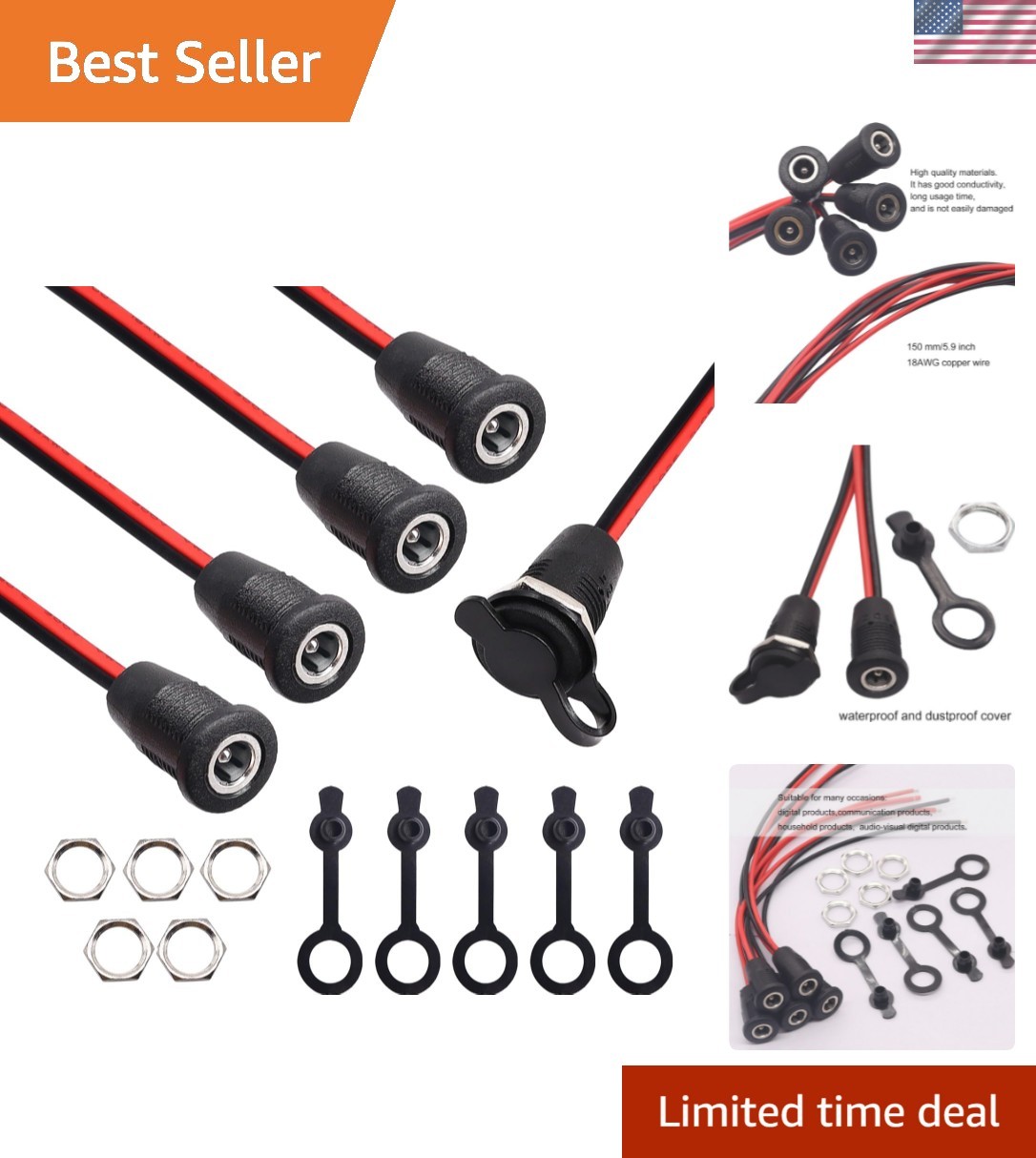 5Pcs 10A DC Power Jack Socket 5.5x2.1MM with Waterproof Cap & Pre-soldered Wires