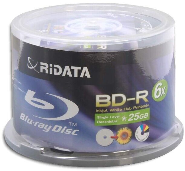 50-Pak 6X 25GB Ritek/Ridata White Inkjet Hub Printable BLU-RAY BD-R's in Cakebox