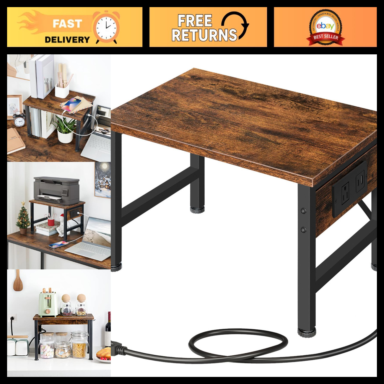 Desktop Printer Stand with Charging Station, Under Desk Cart & Storage Hook for