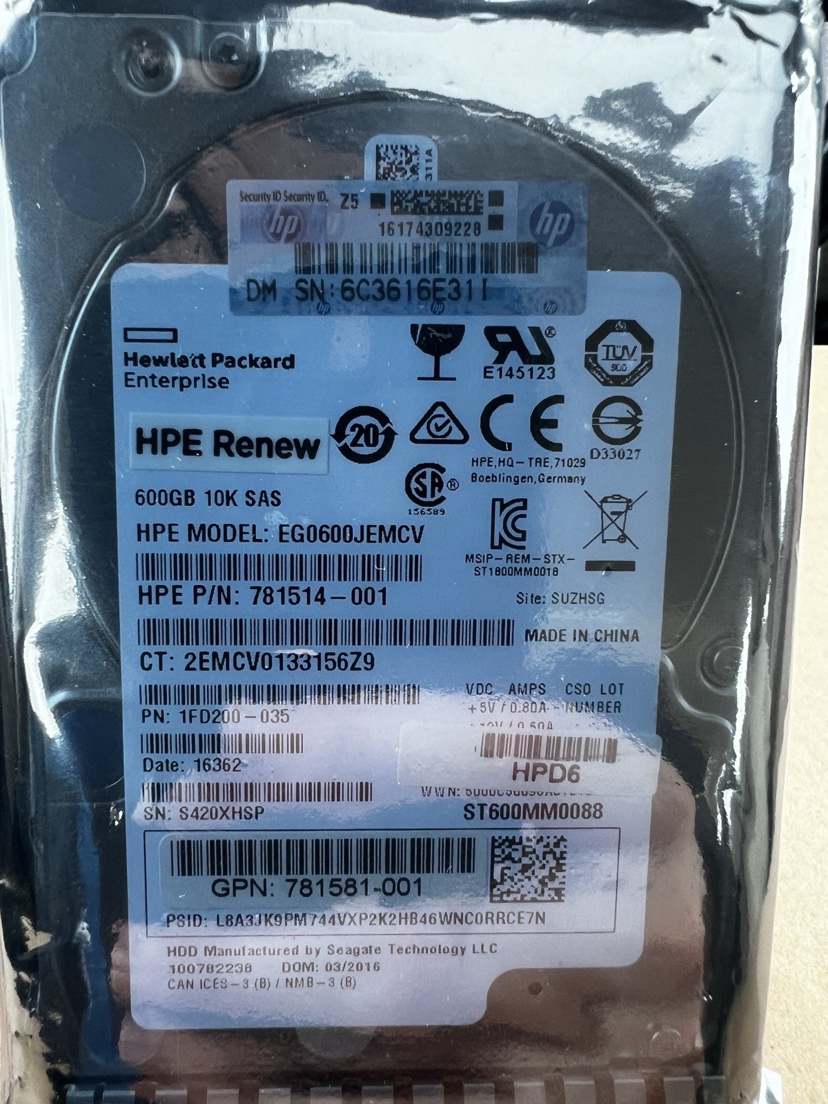 HPE RENEW 600GB 10k SAS EG0600JEMCV 781514-001 Hard Drive