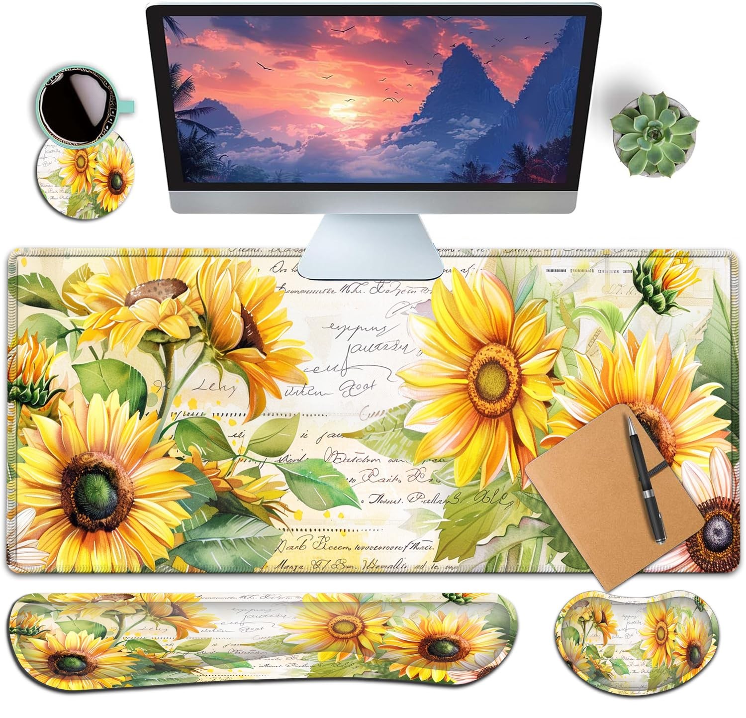 Large Gaming Mouse Pad Keyboard Wrist Rest Set Sunflower White 31.5x11.8 Inch